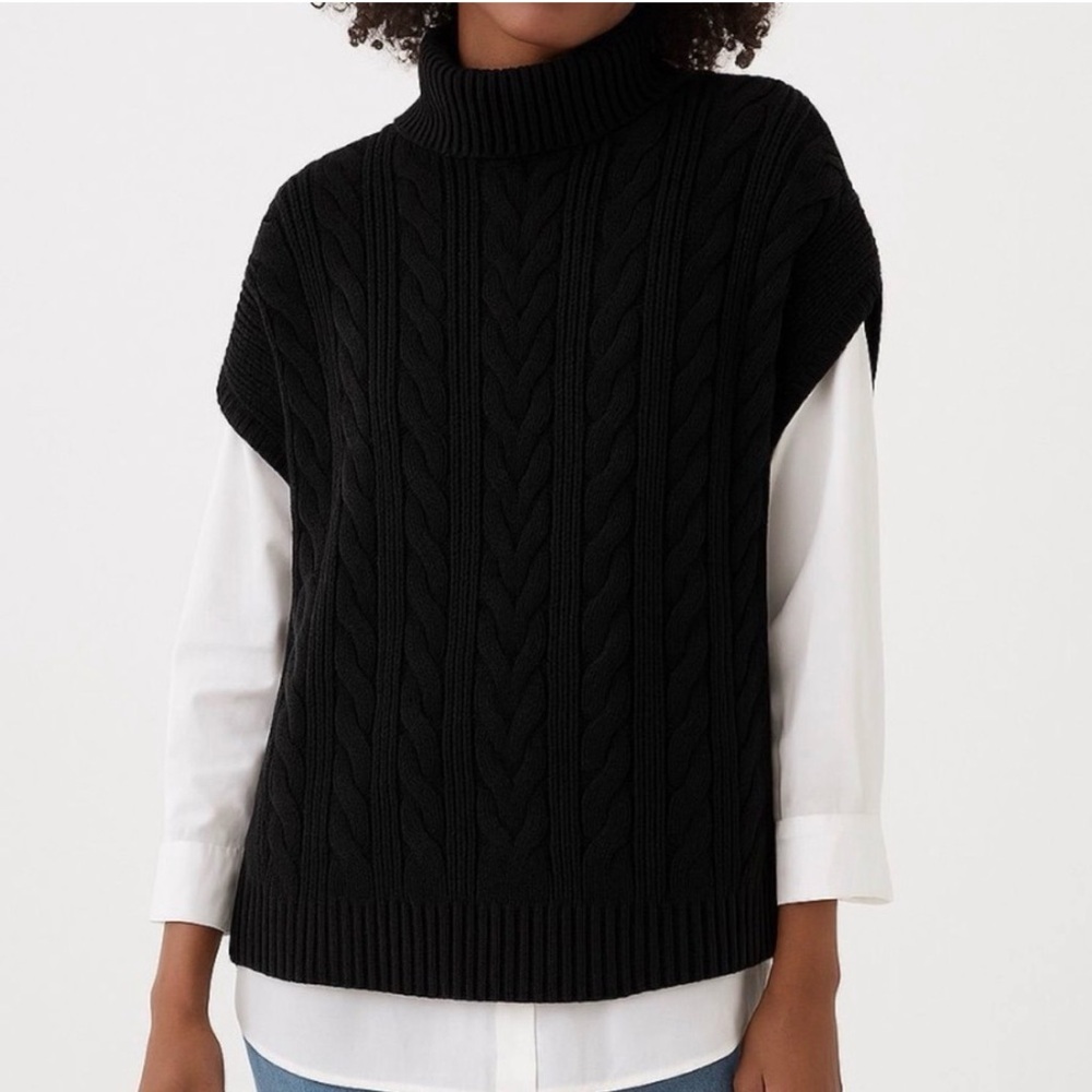 Womens Cable Knit Poncho Turtleneck Short Sleeve Pullover Sweater Black XS/S